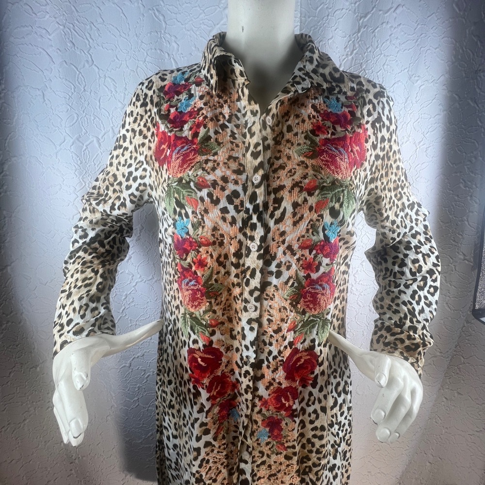 Savanna Jane Leopard Floral Embroidered Button Down Maxi Shirt Dress Size M - Picture 7 of 11